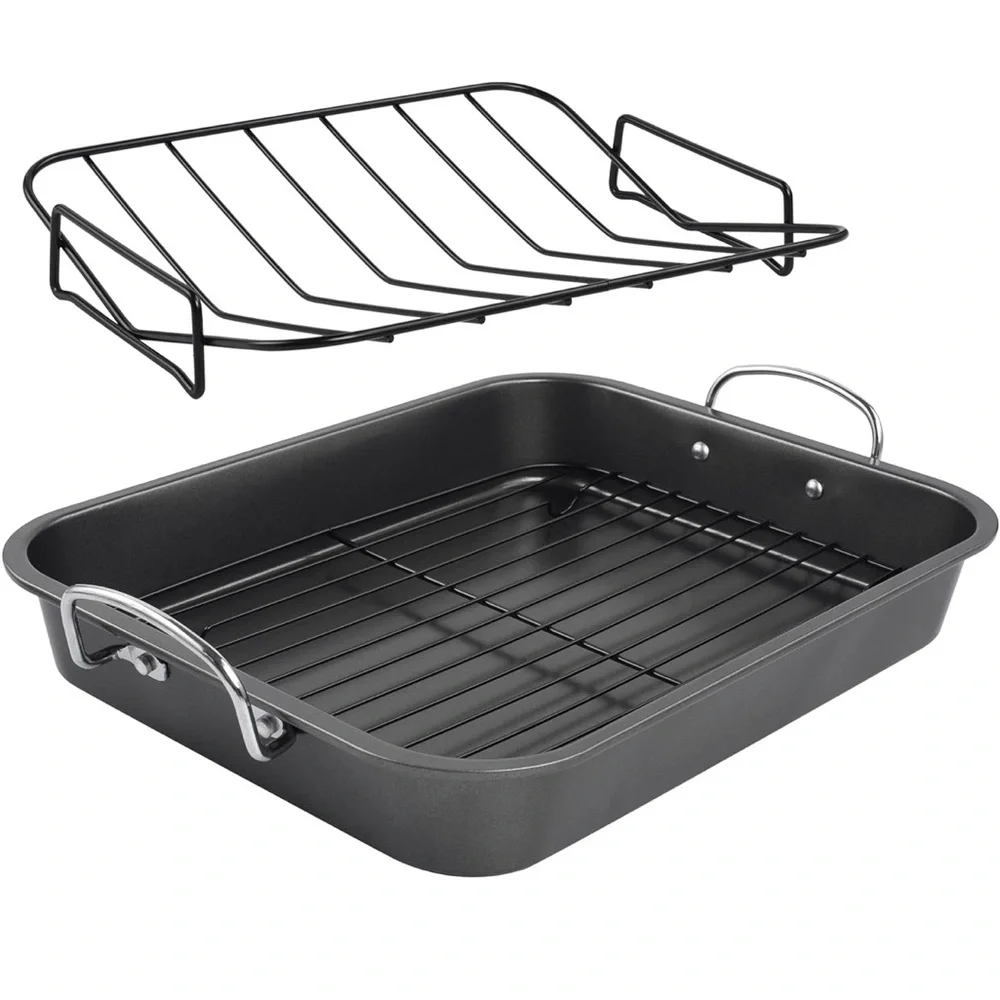 Nonstick Black Roasting Pan with Rack - 16 Inch Rectangular Dishwasher Safe